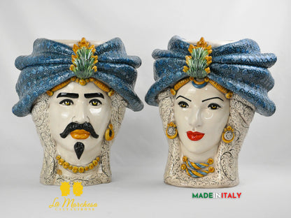 Teste di Moro Turbante Blu in Ceramica di Caltagirone 39cm