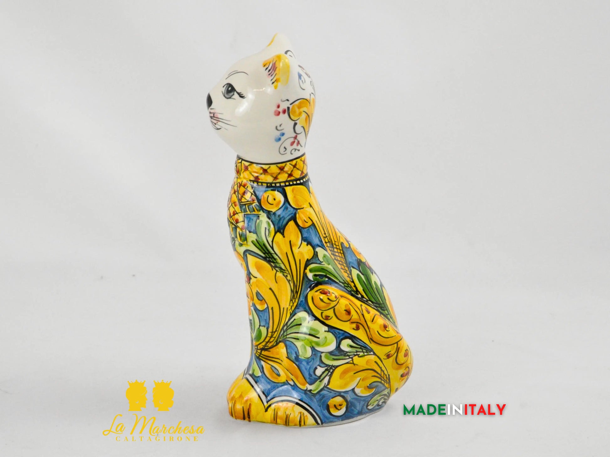 Gatto Aristogatto Ornato Blu in Ceramica di Caltagirone 25cm
