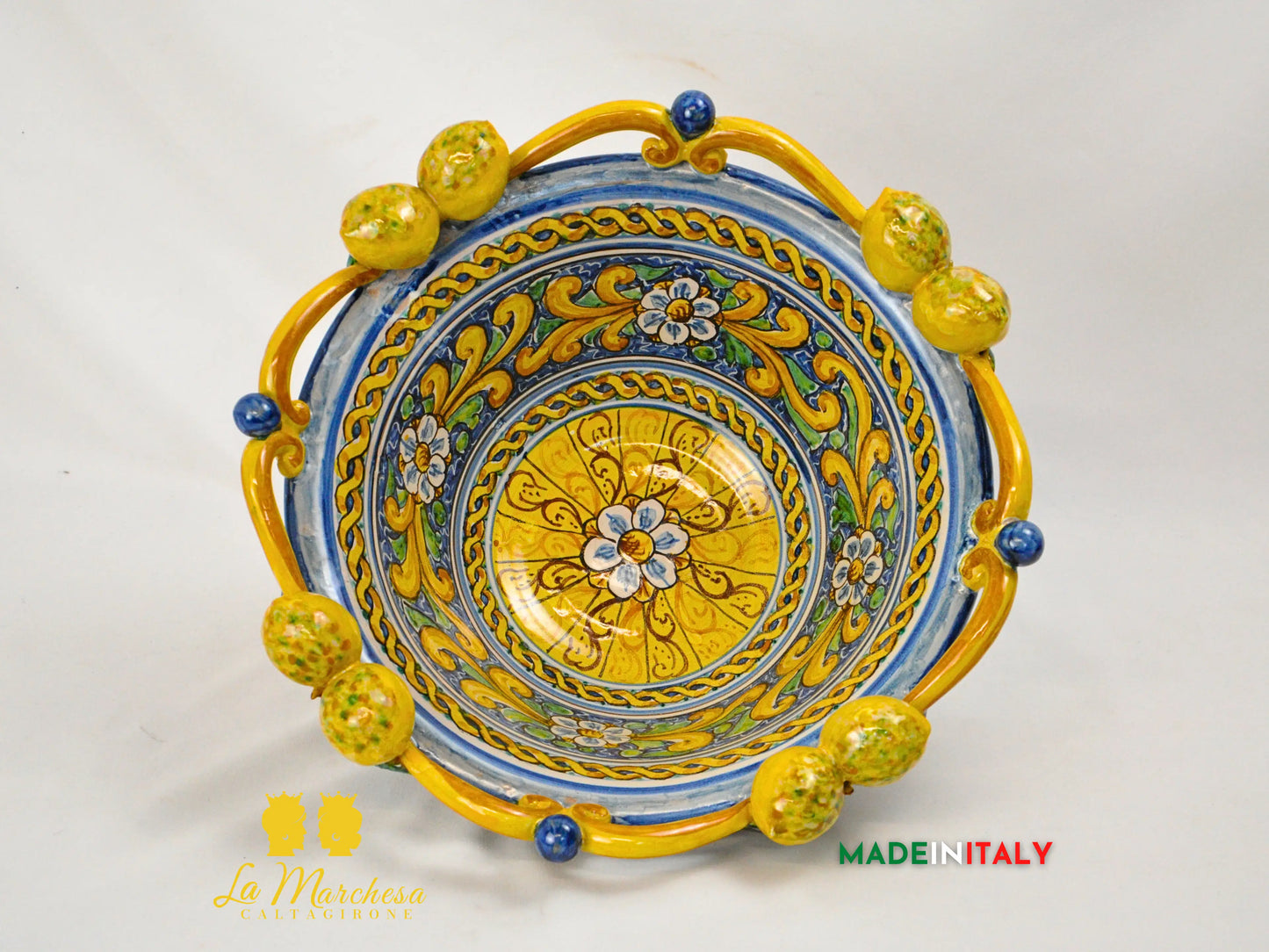 Centrotavola Ciotola Limoni in Ceramica di Caltagirone Ornato 34cm