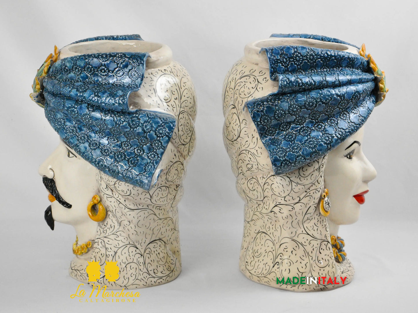Teste di Moro Turbante Blu in Ceramica di Caltagirone 39cm