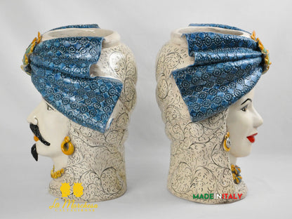 Teste di Moro Turbante Blu in Ceramica di Caltagirone 39cm