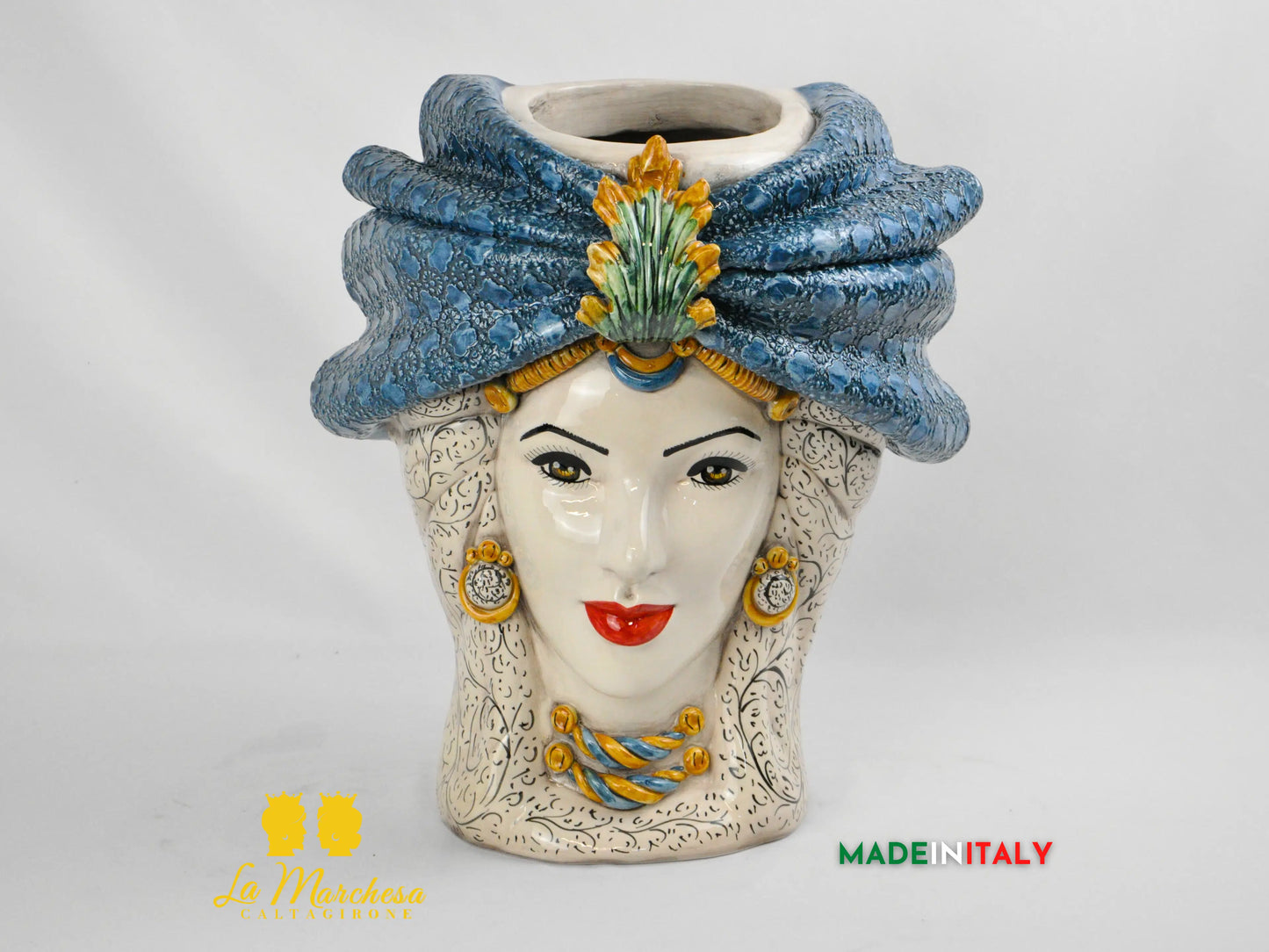 Teste di Moro Turbante Blu in Ceramica di Caltagirone 39cm