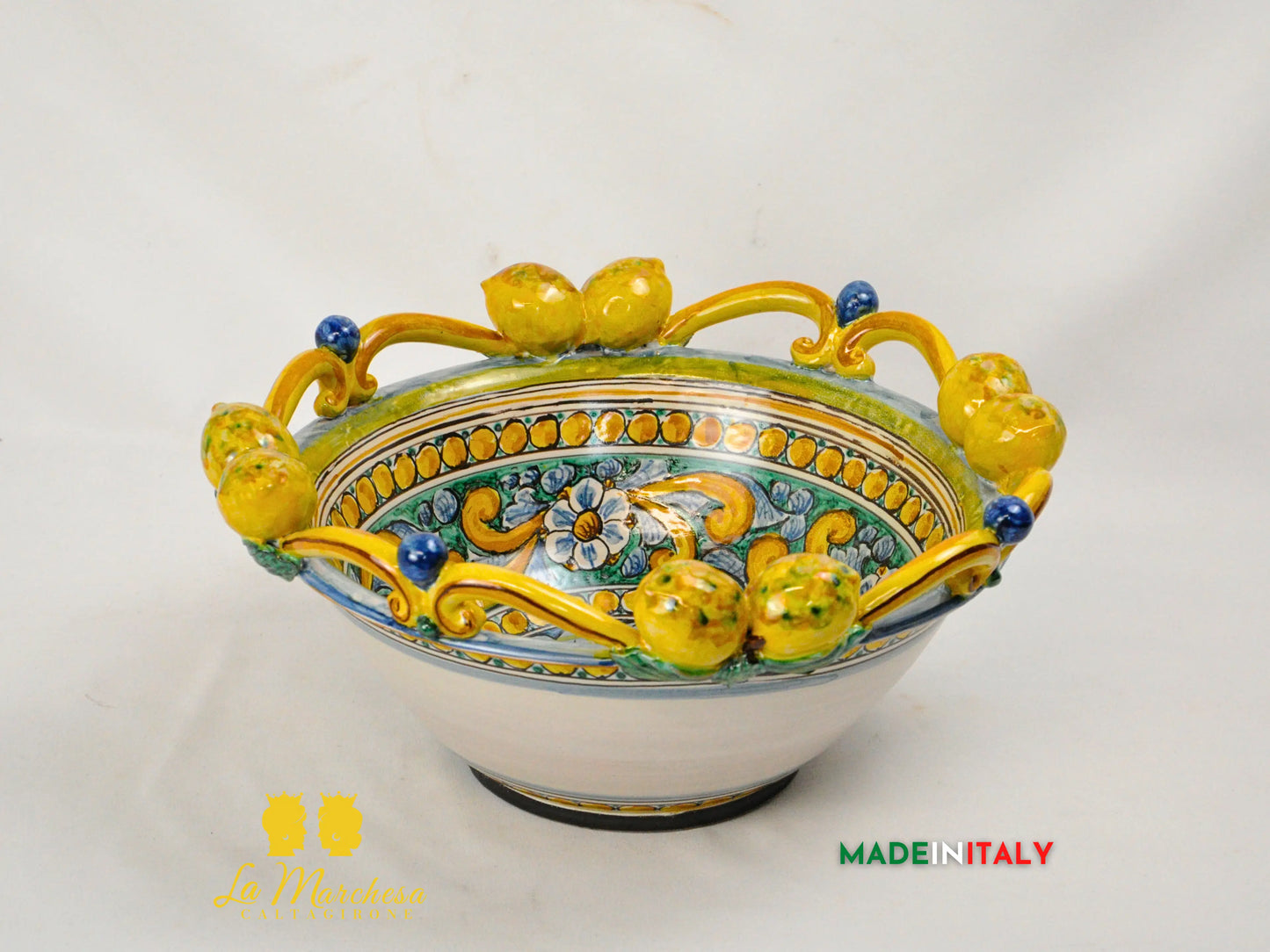 Centrotavola Ciotola Limoni in Ceramica di Caltagirone Ornato 34cm