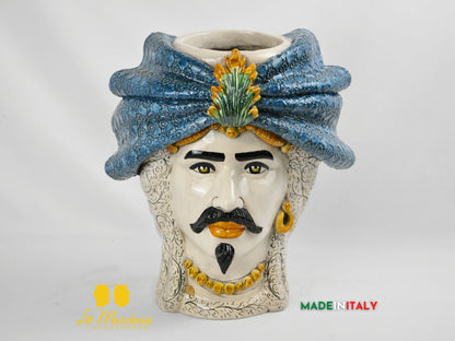Teste di Moro Turbante Blu in Ceramica di Caltagirone 39cm