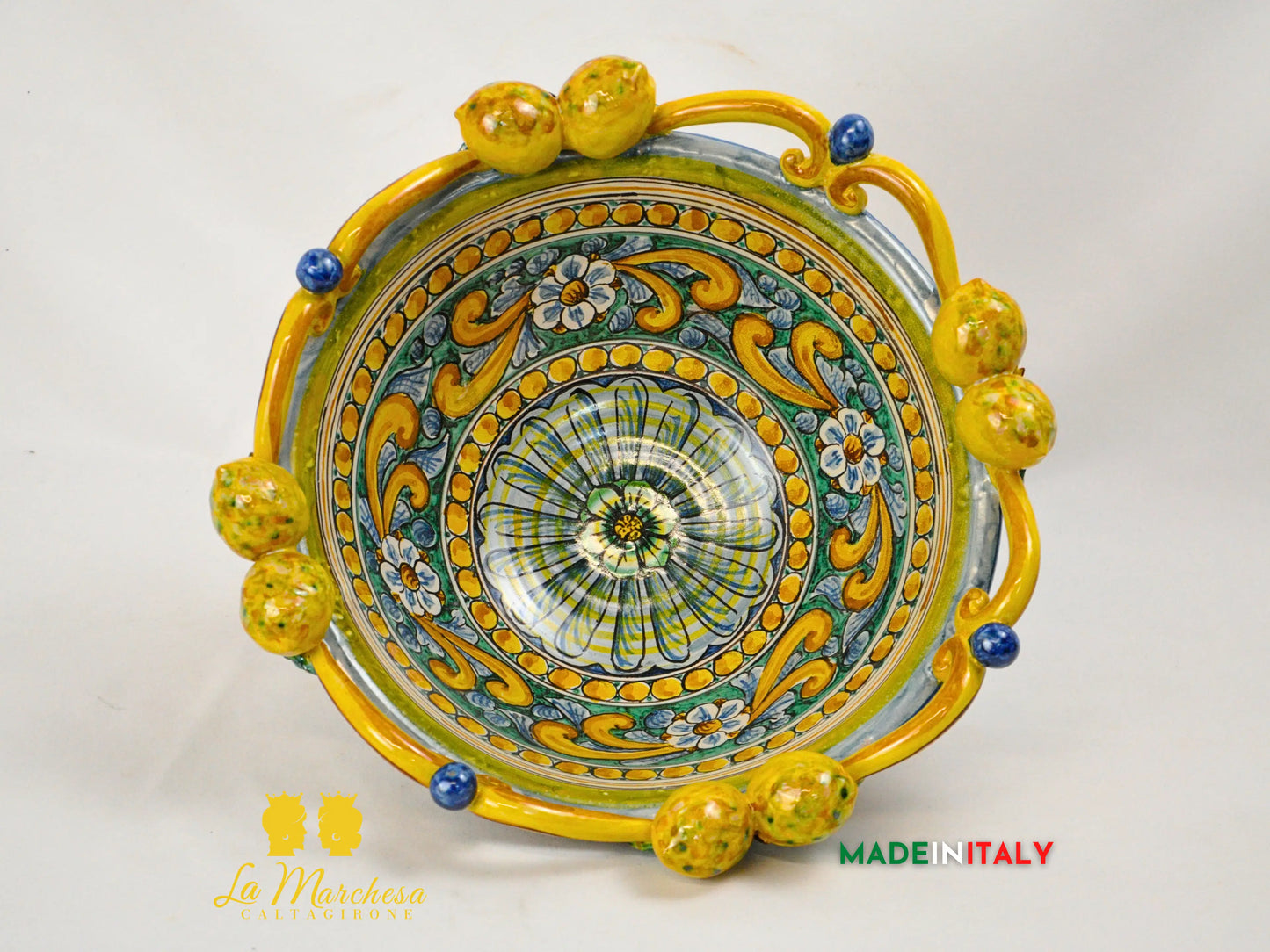 Centrotavola Ciotola Limoni in Ceramica di Caltagirone Ornato 34cm