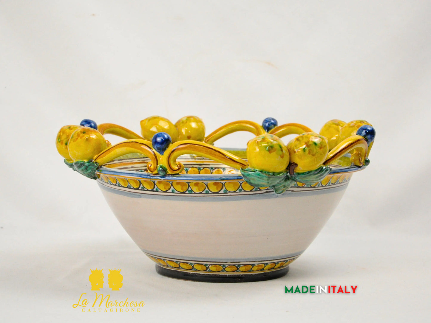 Centrotavola Ciotola Limoni in Ceramica di Caltagirone Ornato 34cm