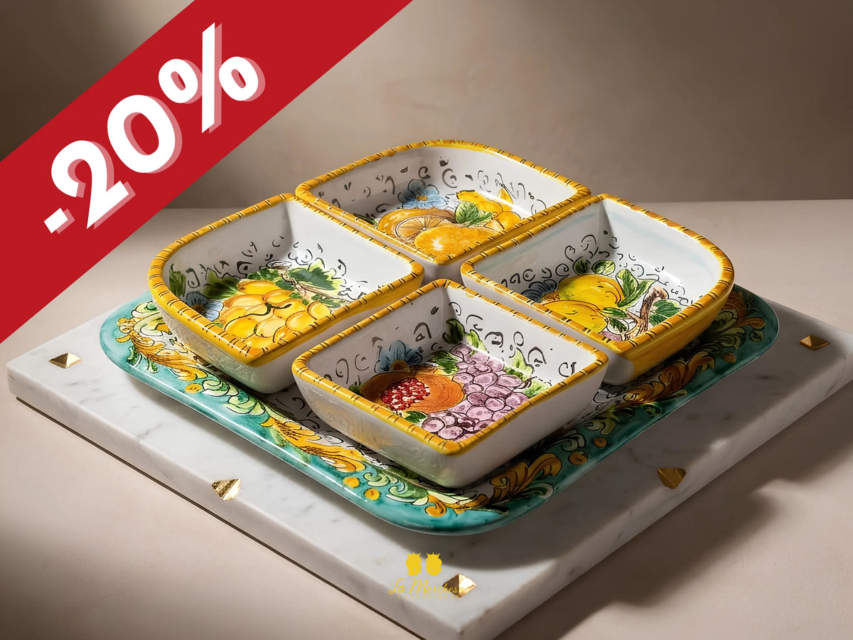 Antipastiera in Ceramica di Caltagirone Quadrata Decorata 4 scomparti - Vari Decori