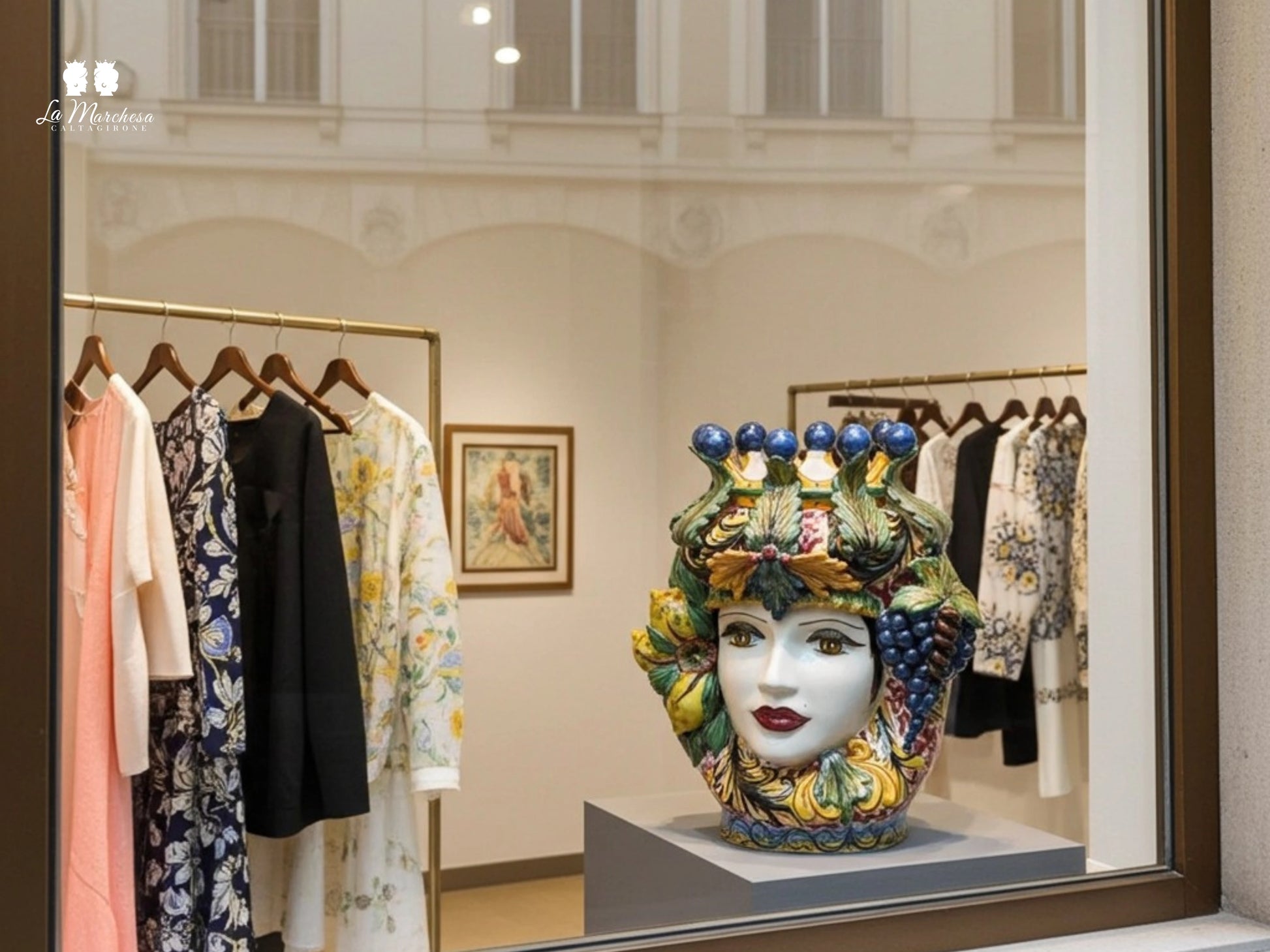 Teste di Moro Taormina Foglie di Acanto e Frutta in Ceramica di Caltagirone 38cm - Vari Modelli