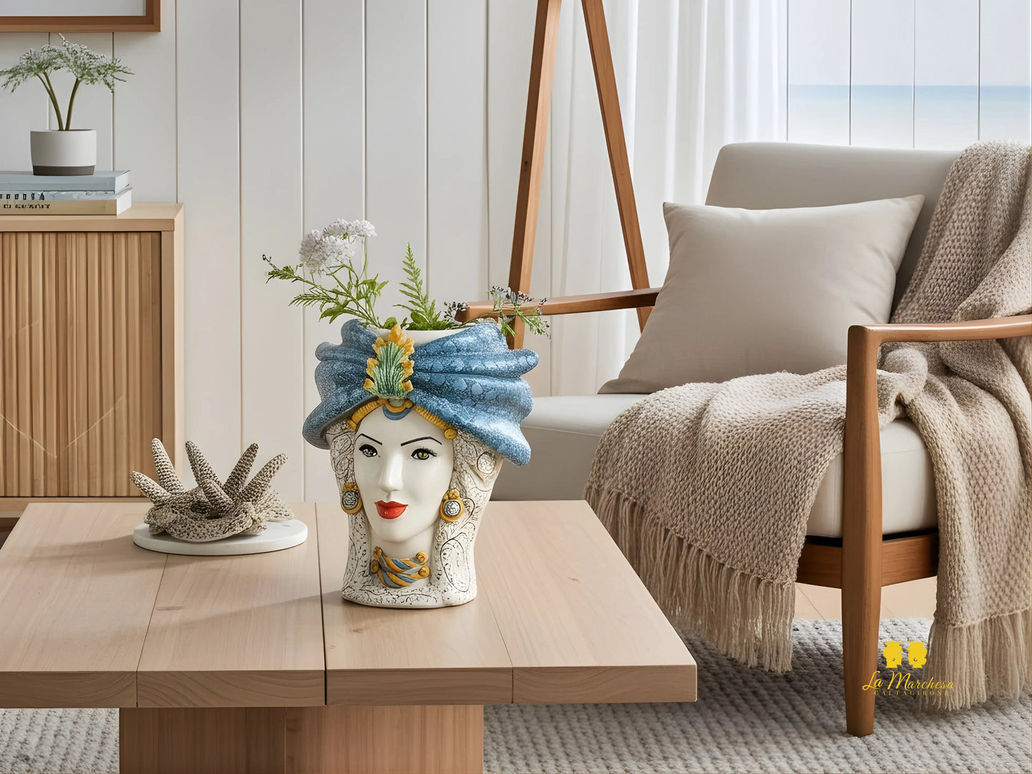 Teste di Moro Turbante Blu in Ceramica di Caltagirone 39cm