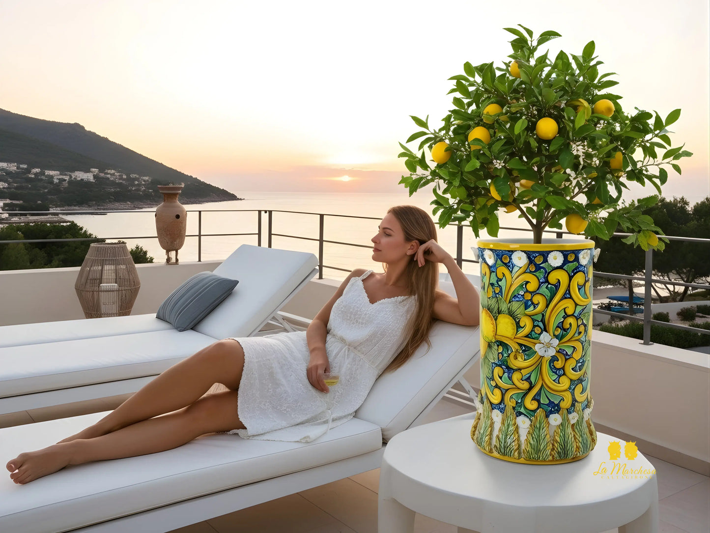 Vaso a Cilindro Decorato in Ceramica di Caltagirone 40cm - Vari Decori