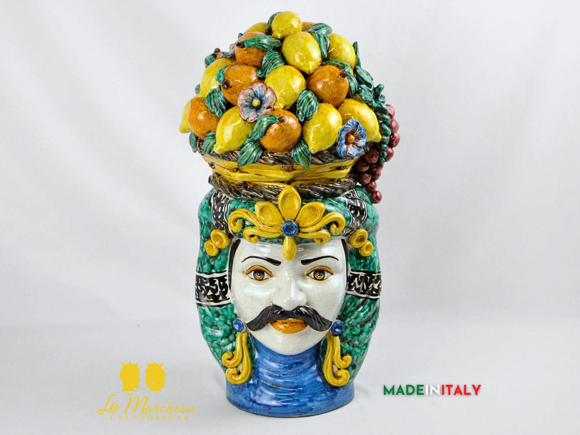 Testa di Moro Uomo Cesto Frutta in Ceramica di Caltagirone 52 cm