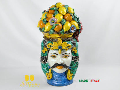 Testa di Moro Uomo Cesto Frutta in Ceramica di Caltagirone 52 cm