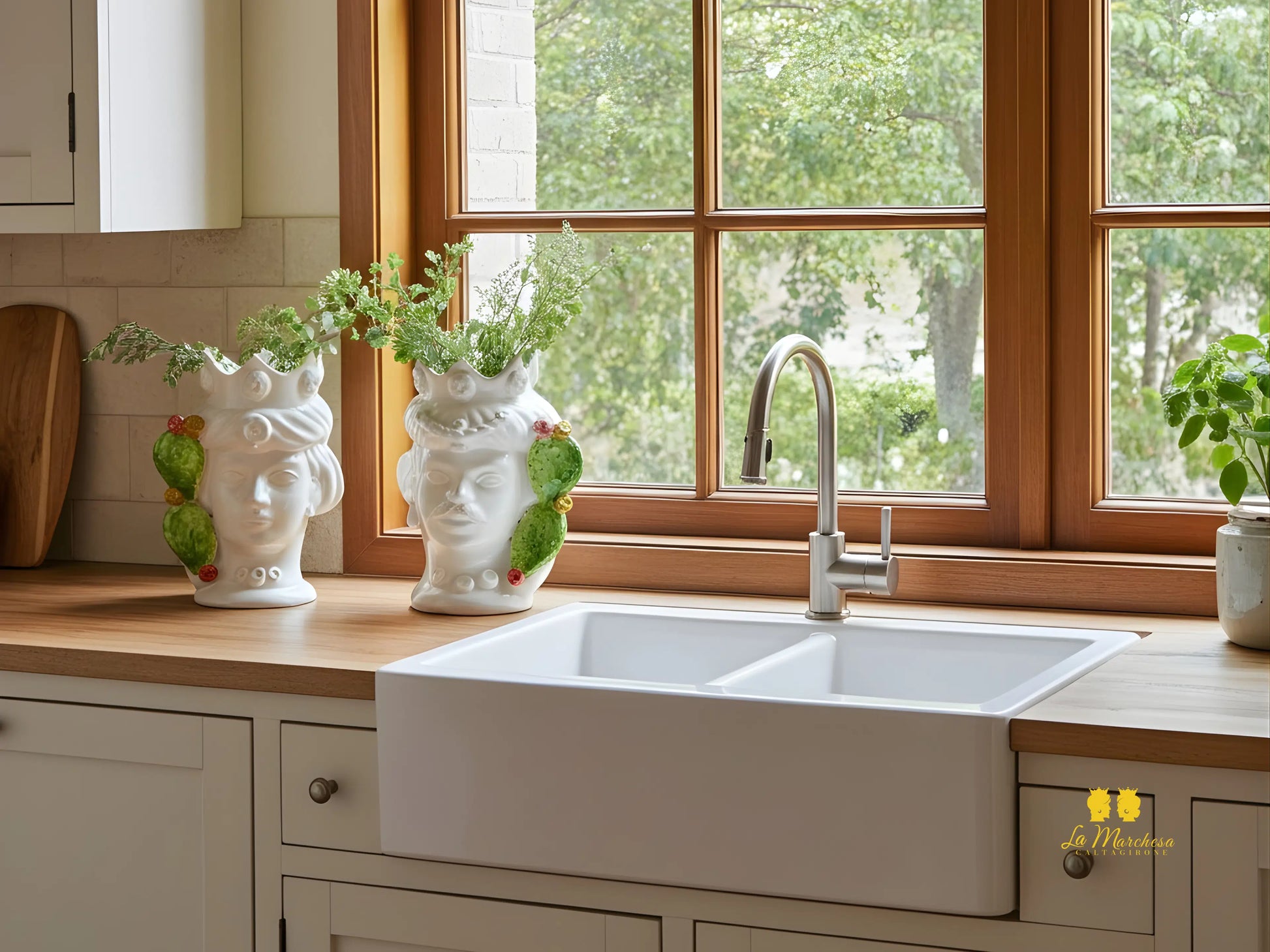 Teste di Moro Bianco Fichi D'India in Ceramica di Caltagirone 27cm