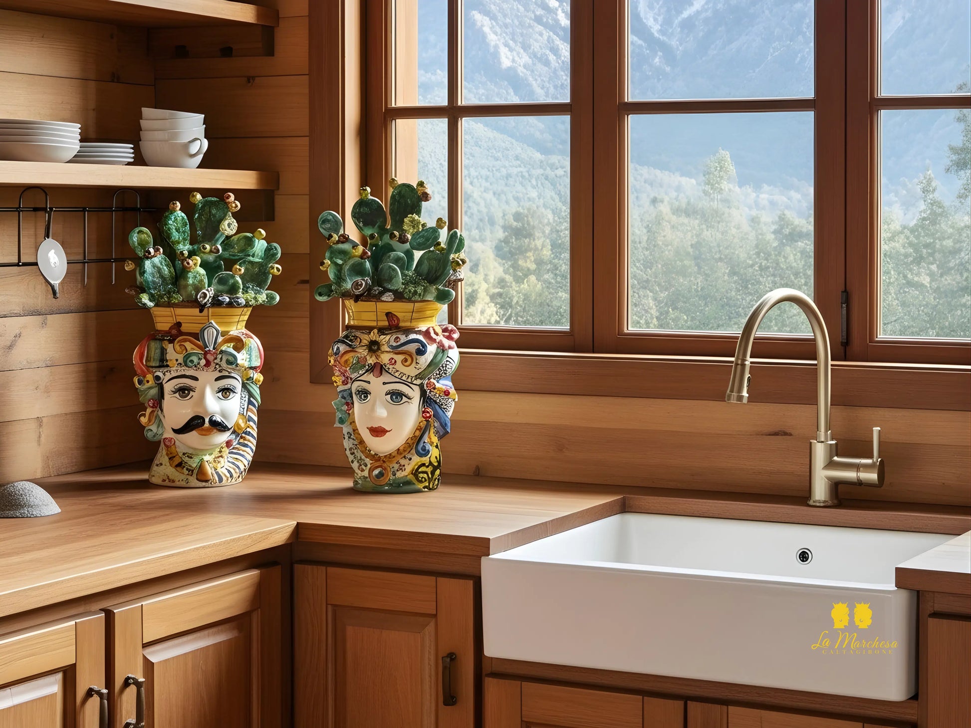 Teste di Moro Cesto Fichi D'India in Ceramica di Caltagirone 31cm