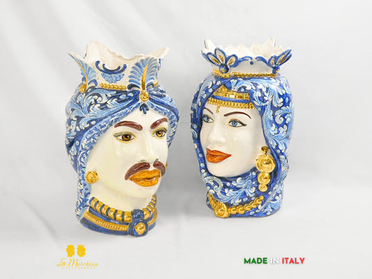 OUTLET - Teste di Moro in Ceramica di Caltagirone Afro Blu Antico Oro 37cm
