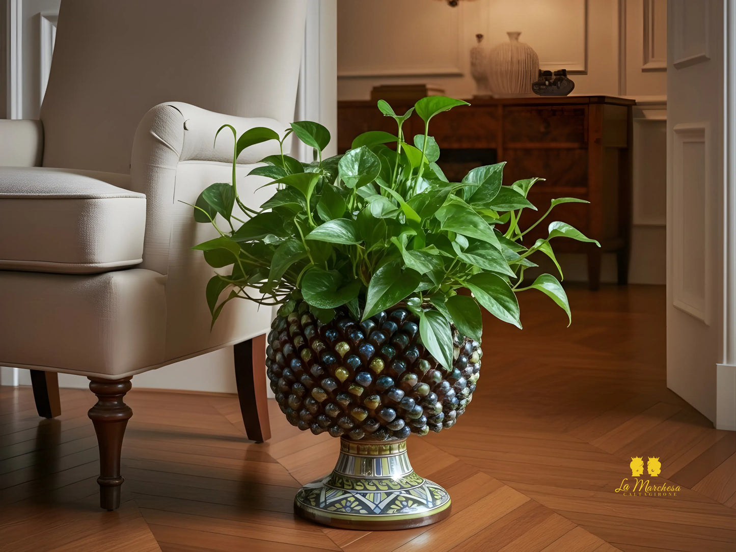 Portavaso Mezza Pigna Blu Verde Madreperla in Ceramica di Caltagirone - Varie Misure