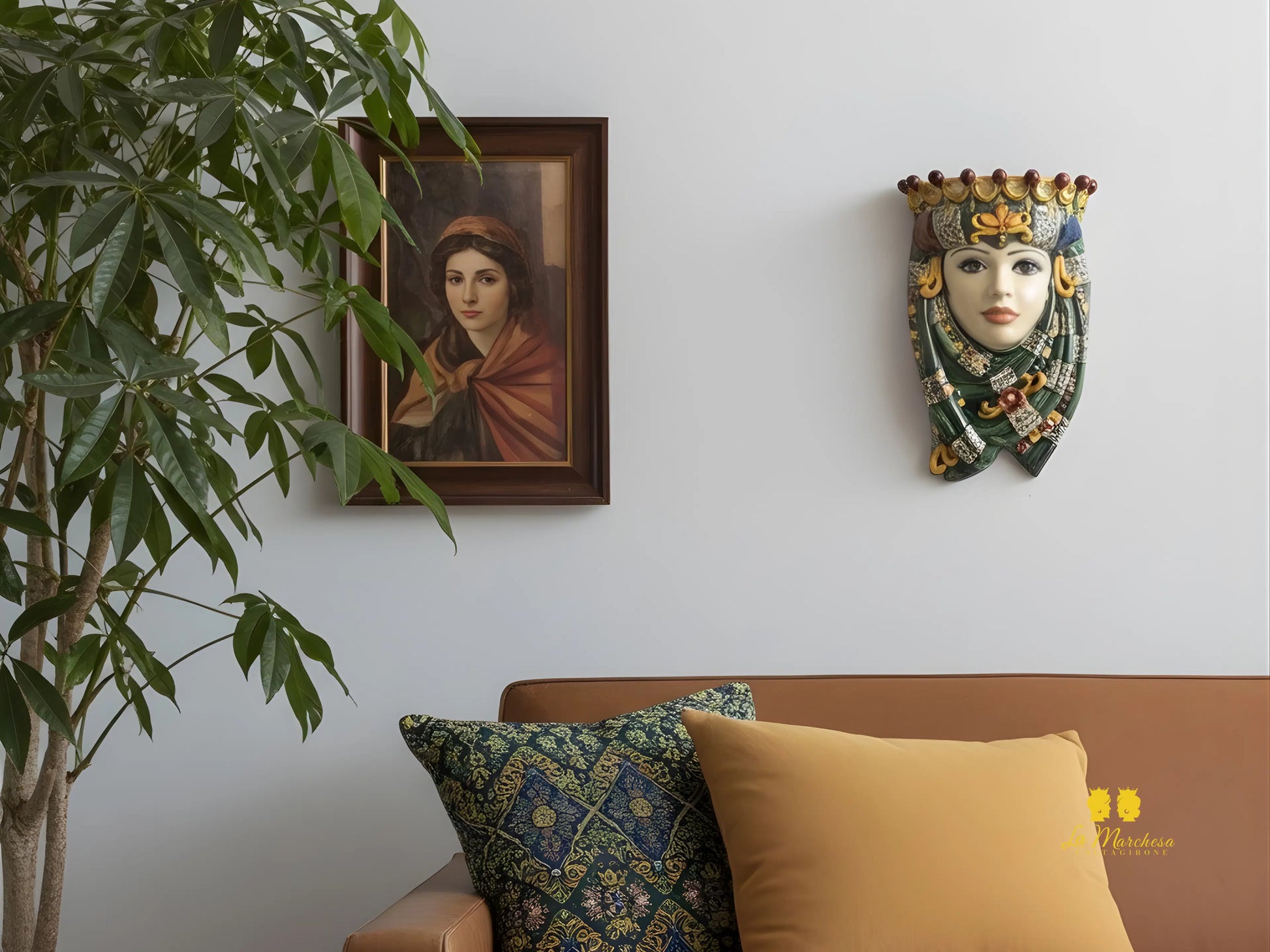 Teste di Moro da parete in ceramica di Caltagirone verde rame applique