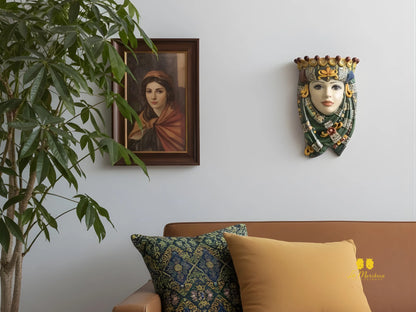 Teste di Moro da parete in ceramica di Caltagirone verde rame applique