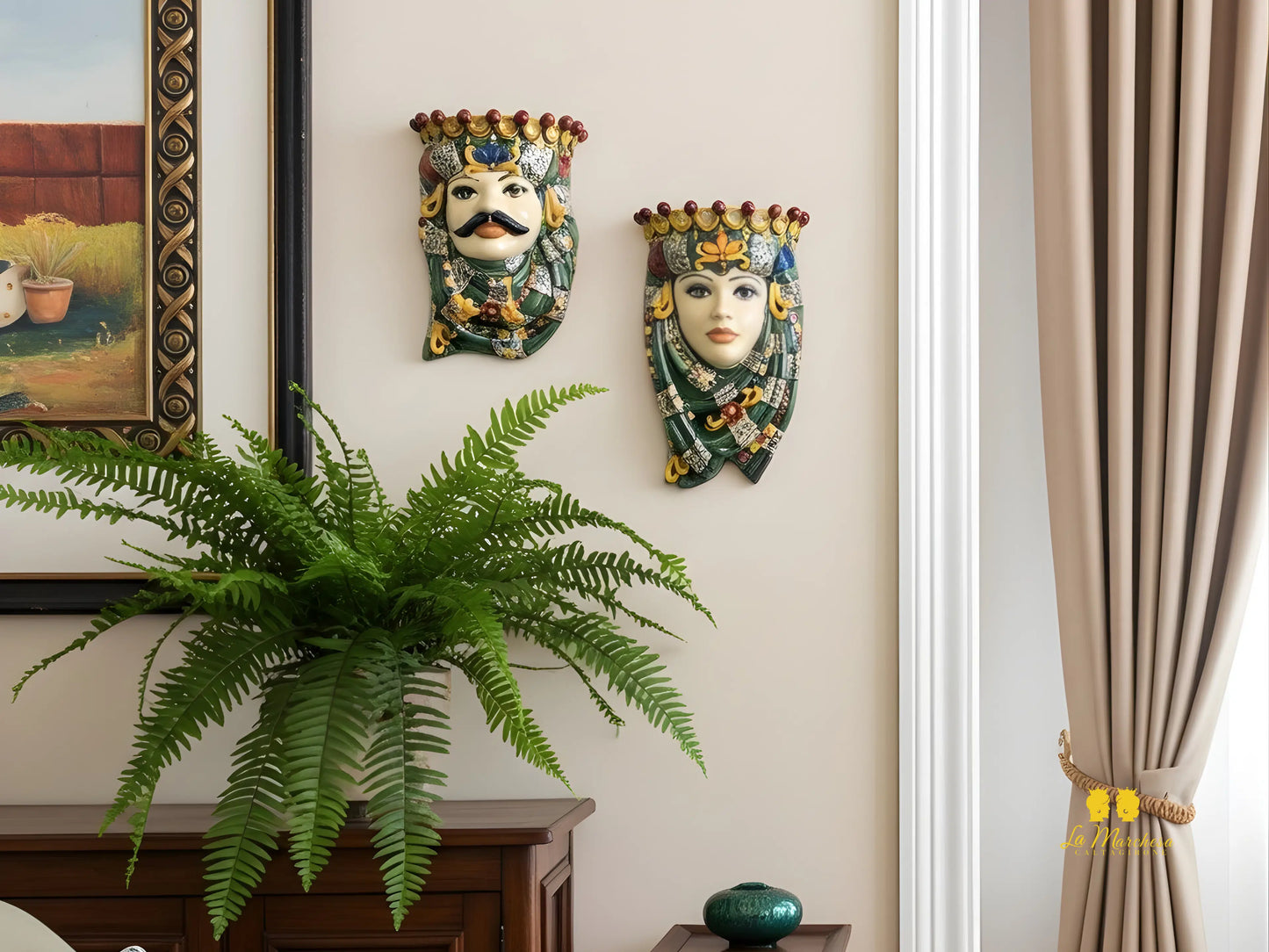 Teste di Moro da parete in ceramica di Caltagirone verde rame applique