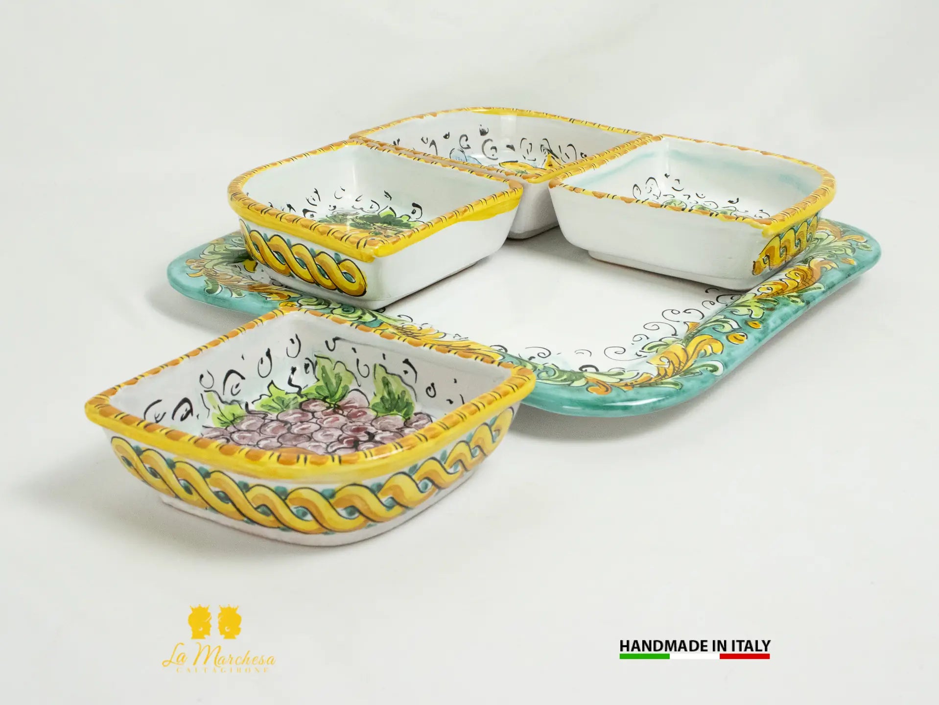 CEAR Ceramiche - Antipastiera Quadrata 5 Pezzi In Ceramica Di Caltagirone - Fatto A Mano - 30x30 Cm