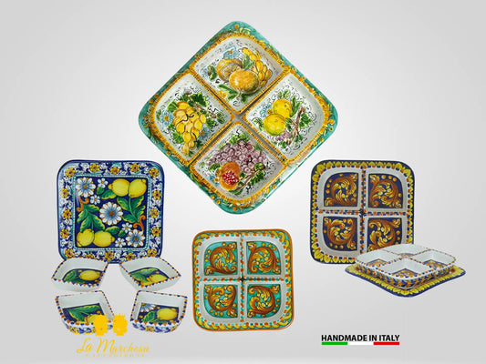 Antipastiera in Ceramica di Caltagirone Quadrata Decorata 4 scomparti - Vari Decori