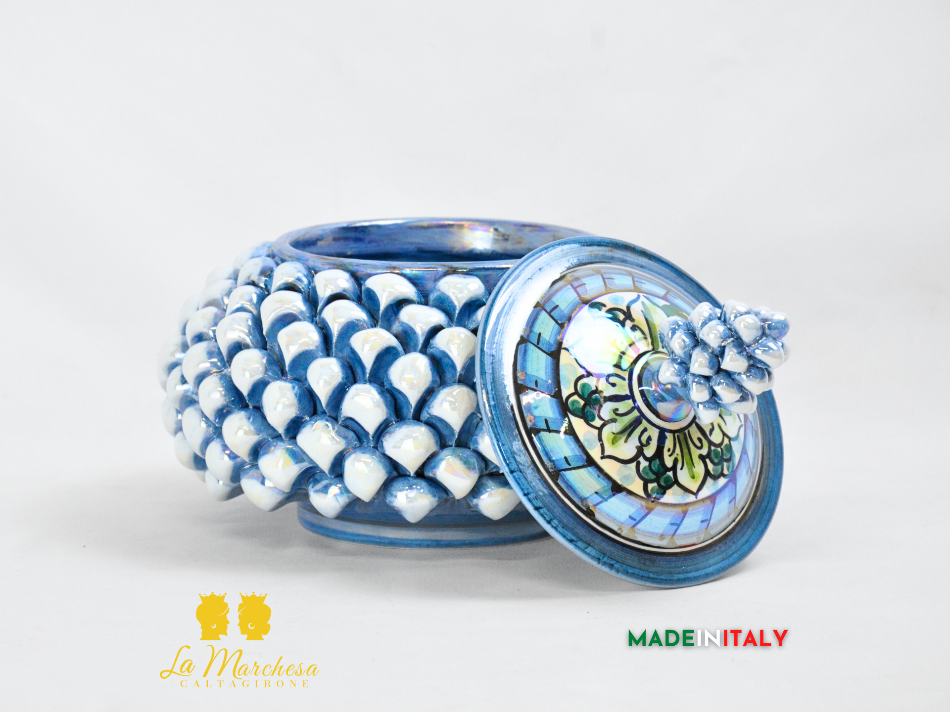 Biscottiera Pigna Madreperla Blu Ceramica di Caltagirone