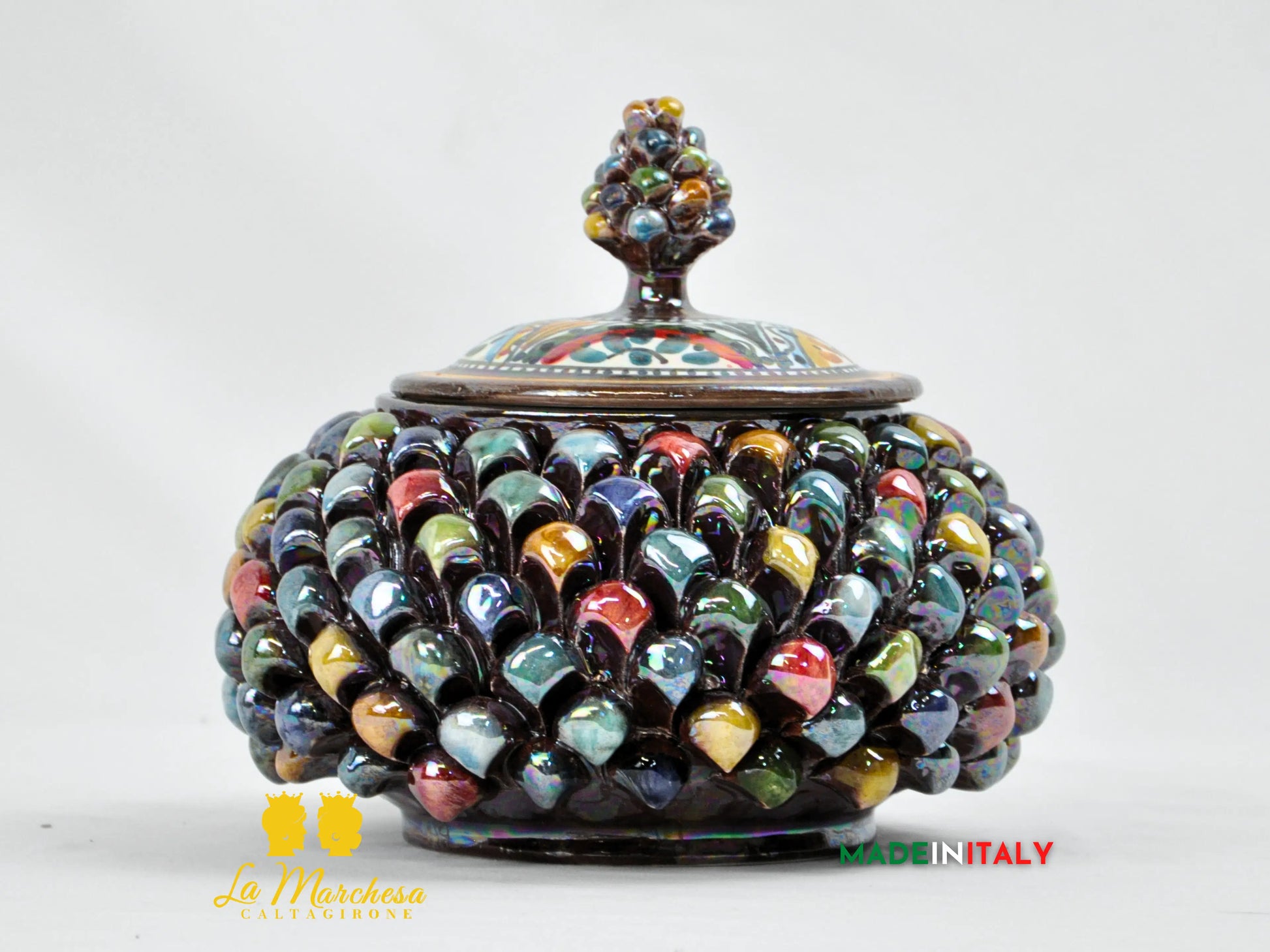 Biscottiera Pigna Arlecchino Madreperla in Ceramica di Caltagirone 22cm