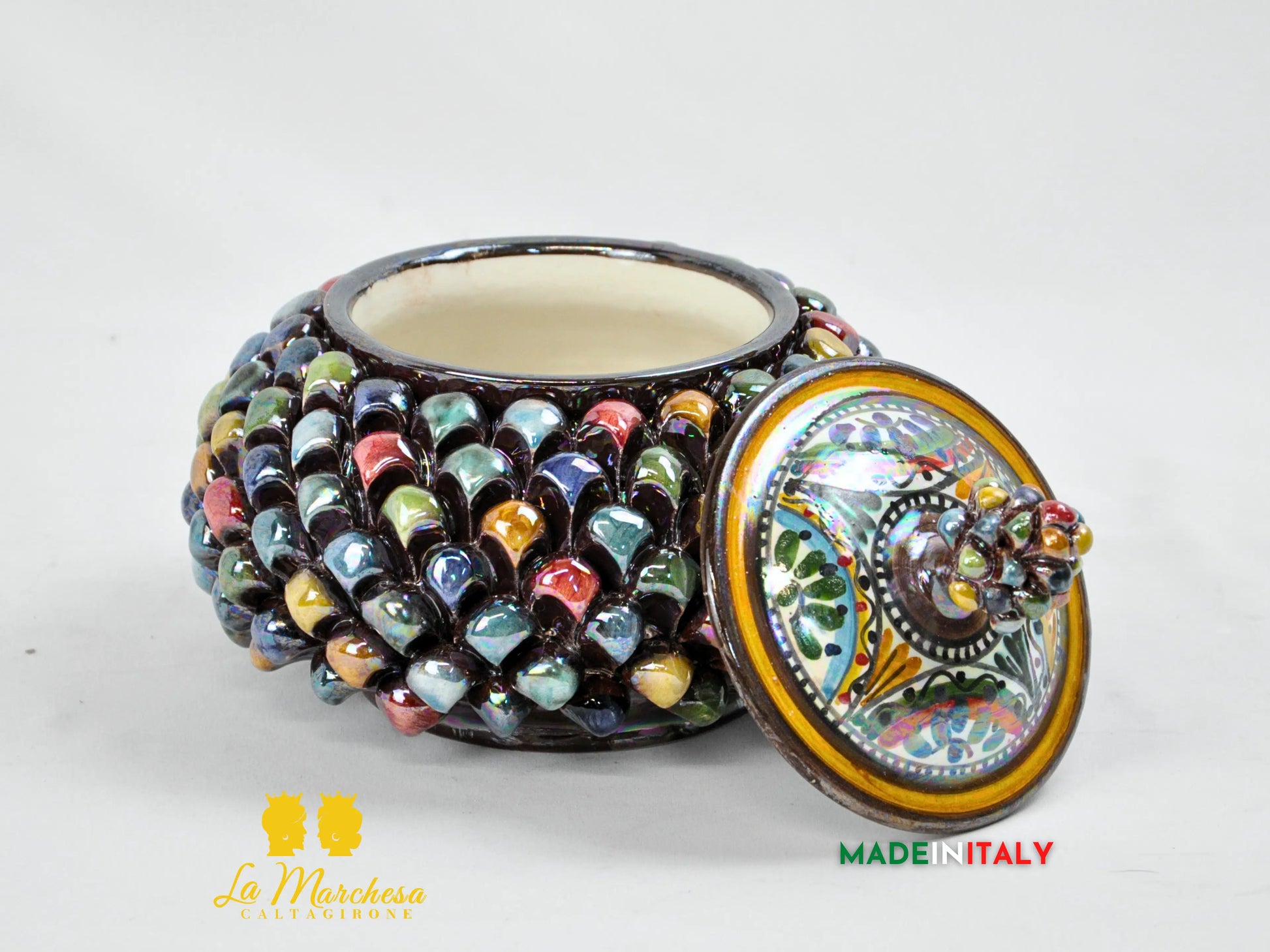 Biscottiera Pigna Arlecchino Madreperla in Ceramica di Caltagirone 22cm