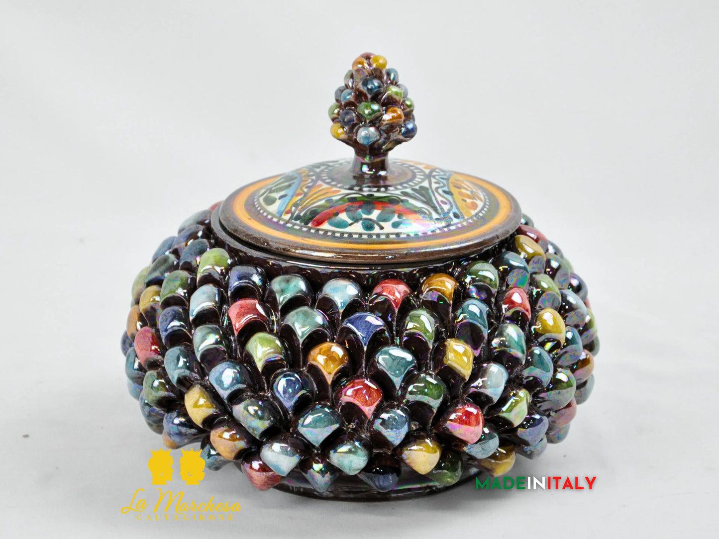 Biscottiera Pigna Arlecchino Madreperla in Ceramica di Caltagirone 22cm