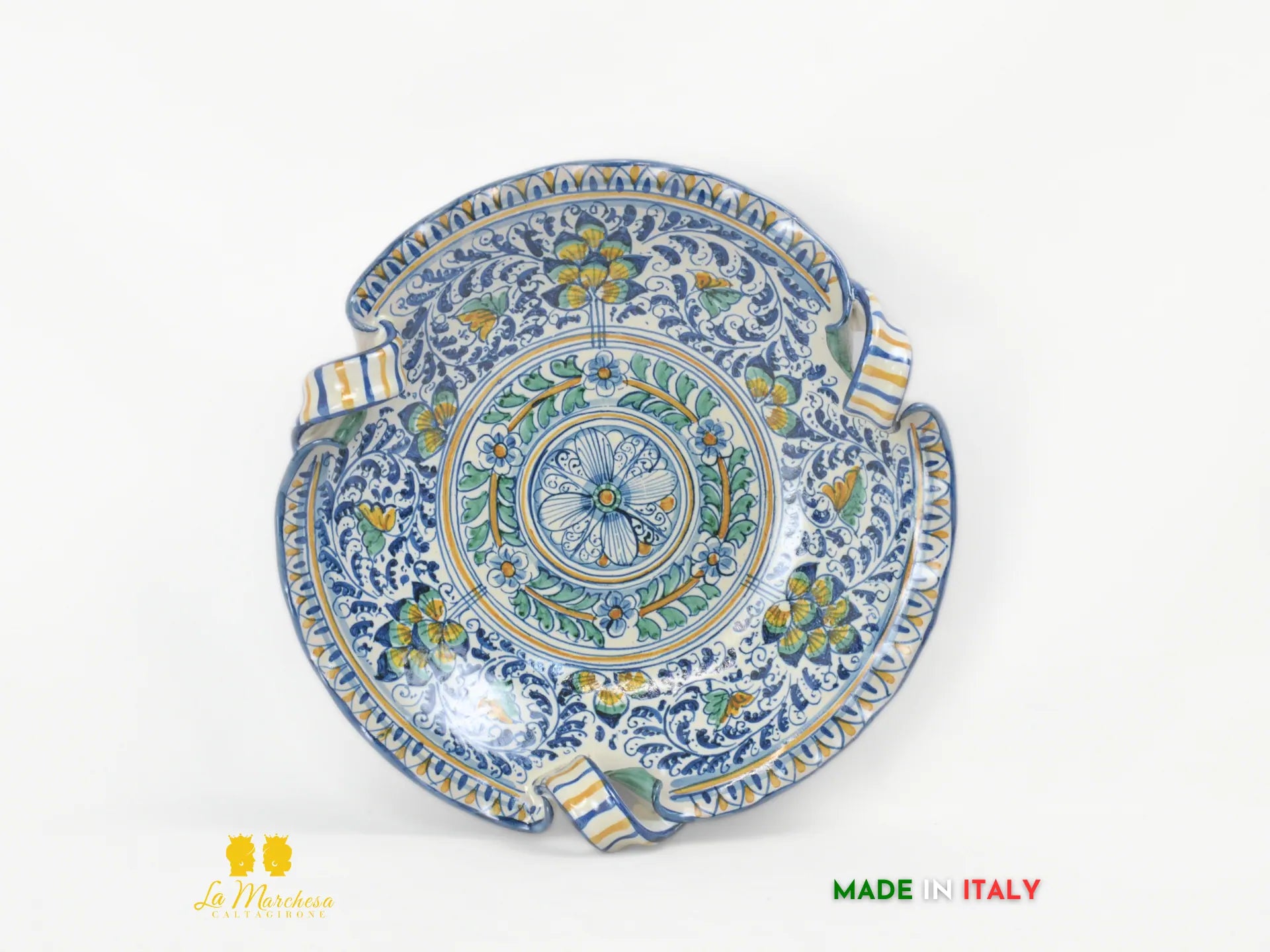 Centrotavola Ciotola in Ceramica di Caltagirone con manici pavoni decorati a mano - vari decori