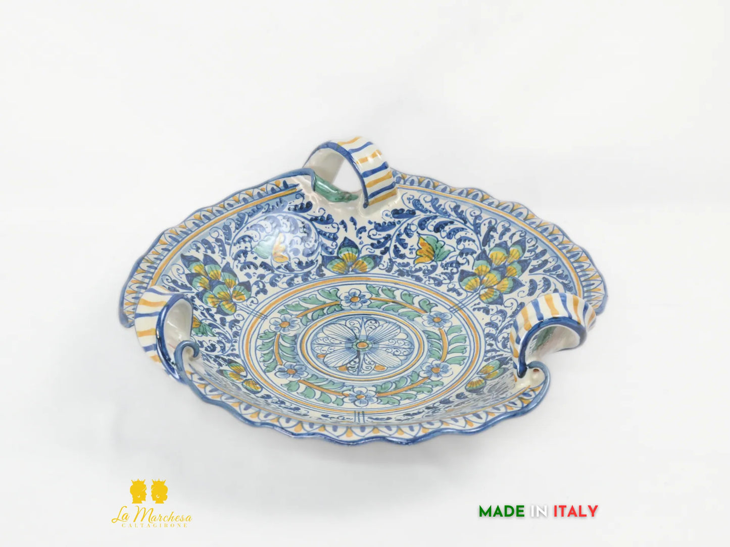 Centrotavola in Ceramica di Caltagirone con manici pavoni decorati a mano - vari decori