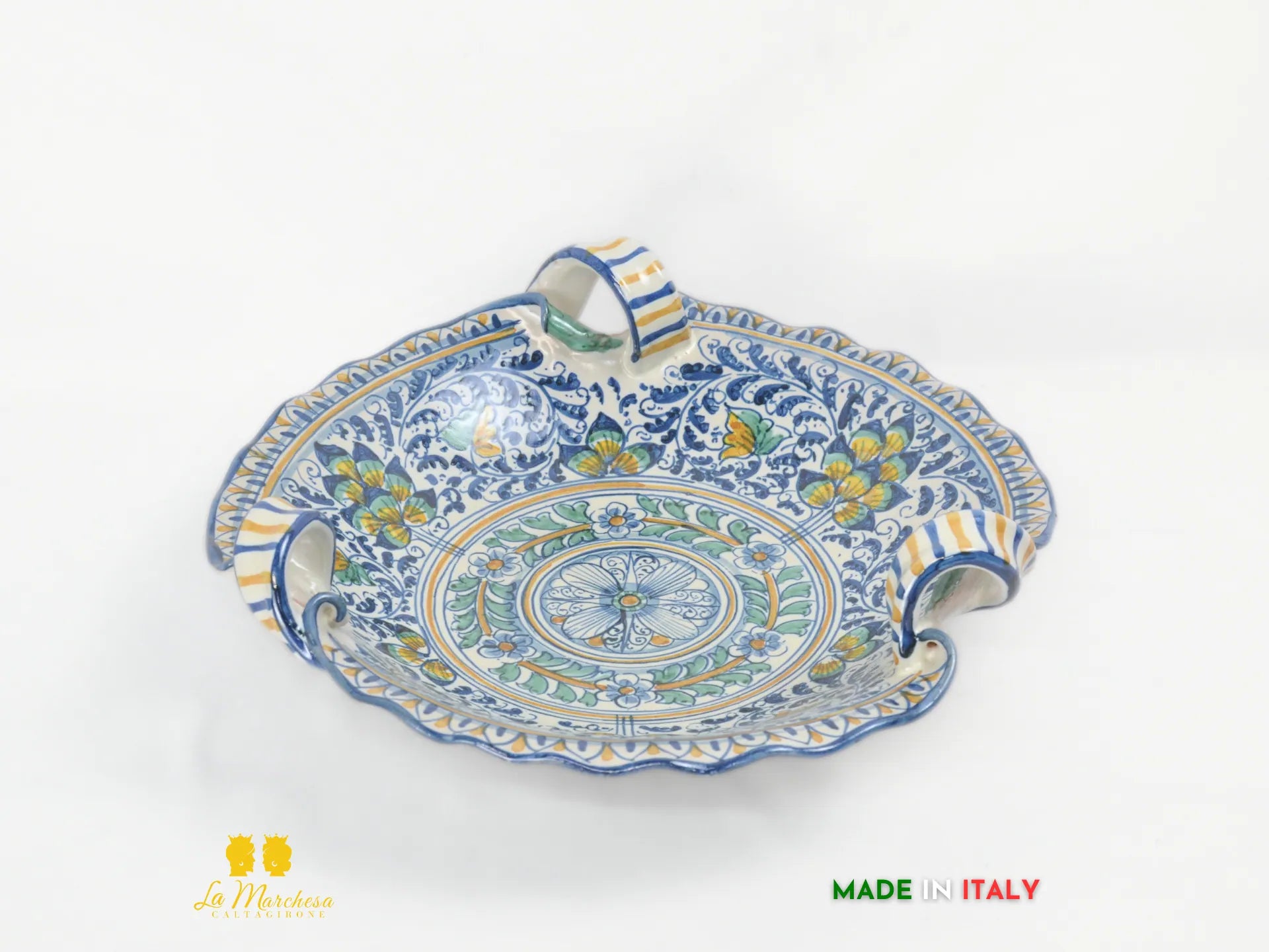 Centrotavola in Ceramica di Caltagirone con manici pavoni decorati a mano - vari decori