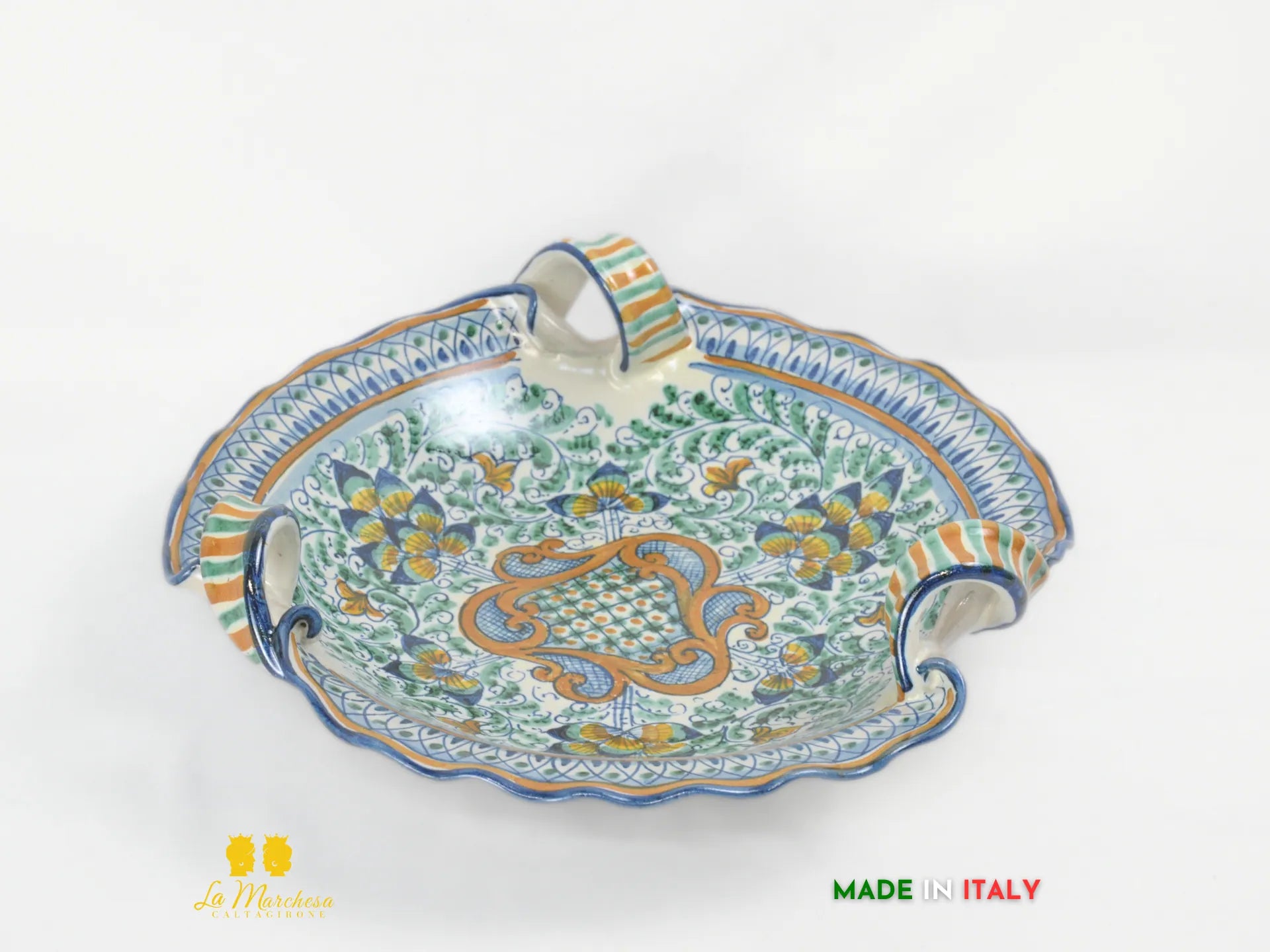 Centrotavola Ciotola in Ceramica di Caltagirone con manici pavoni decorati a mano - vari decori
