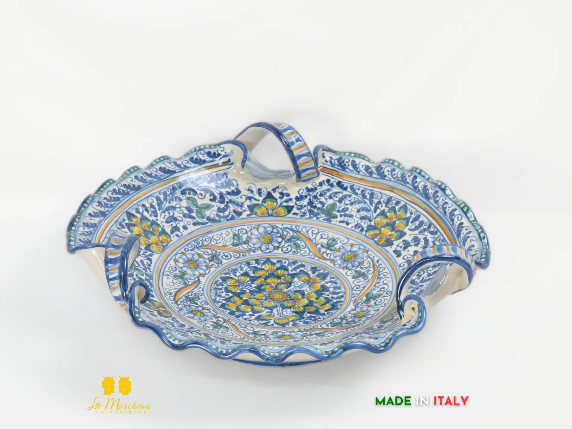 Centrotavola Ciotola in Ceramica di Caltagirone con manici pavoni decorati a mano - vari decori