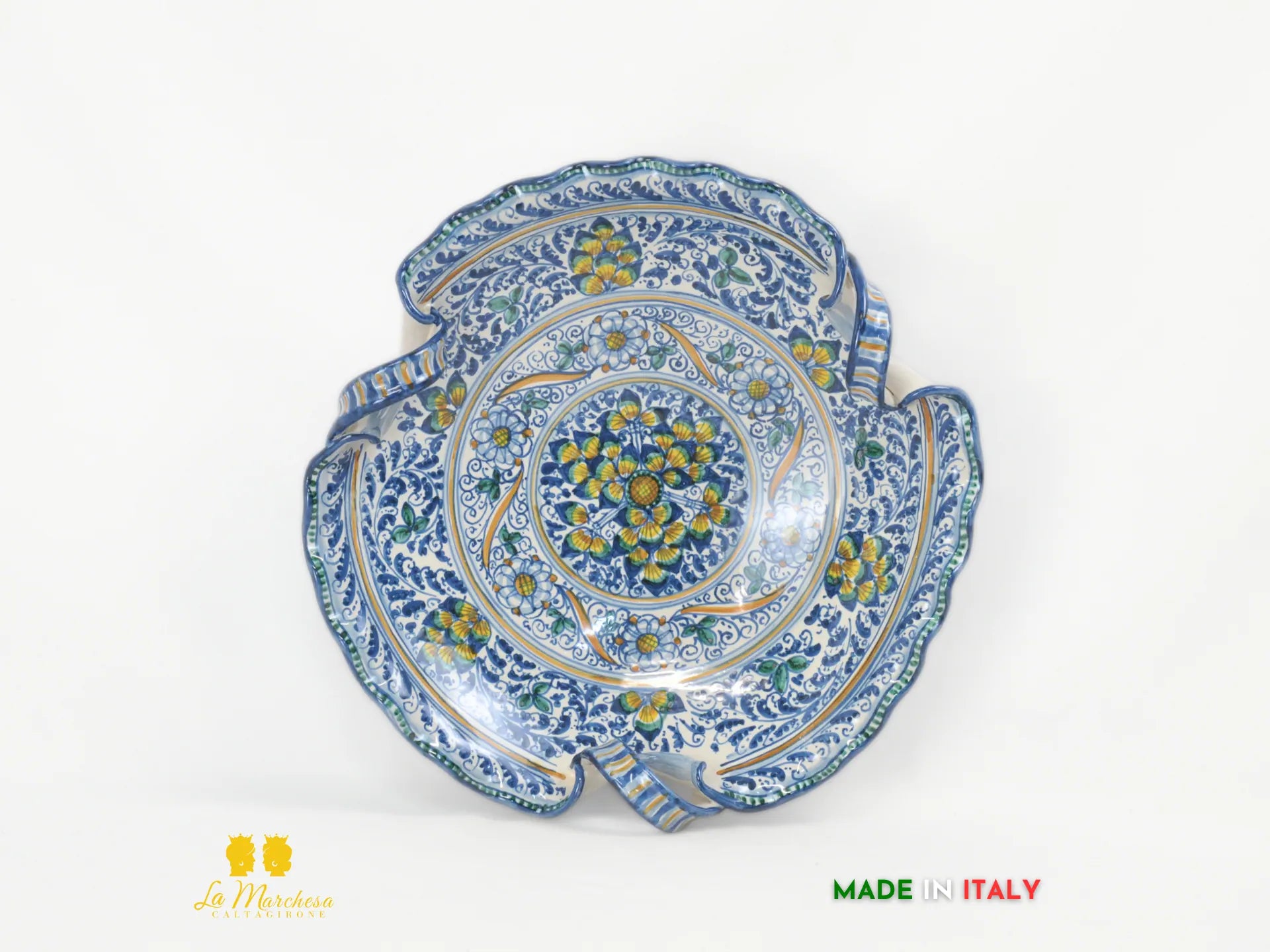 Centrotavola Ciotola in Ceramica di Caltagirone con manici pavoni decorati a mano - vari decori