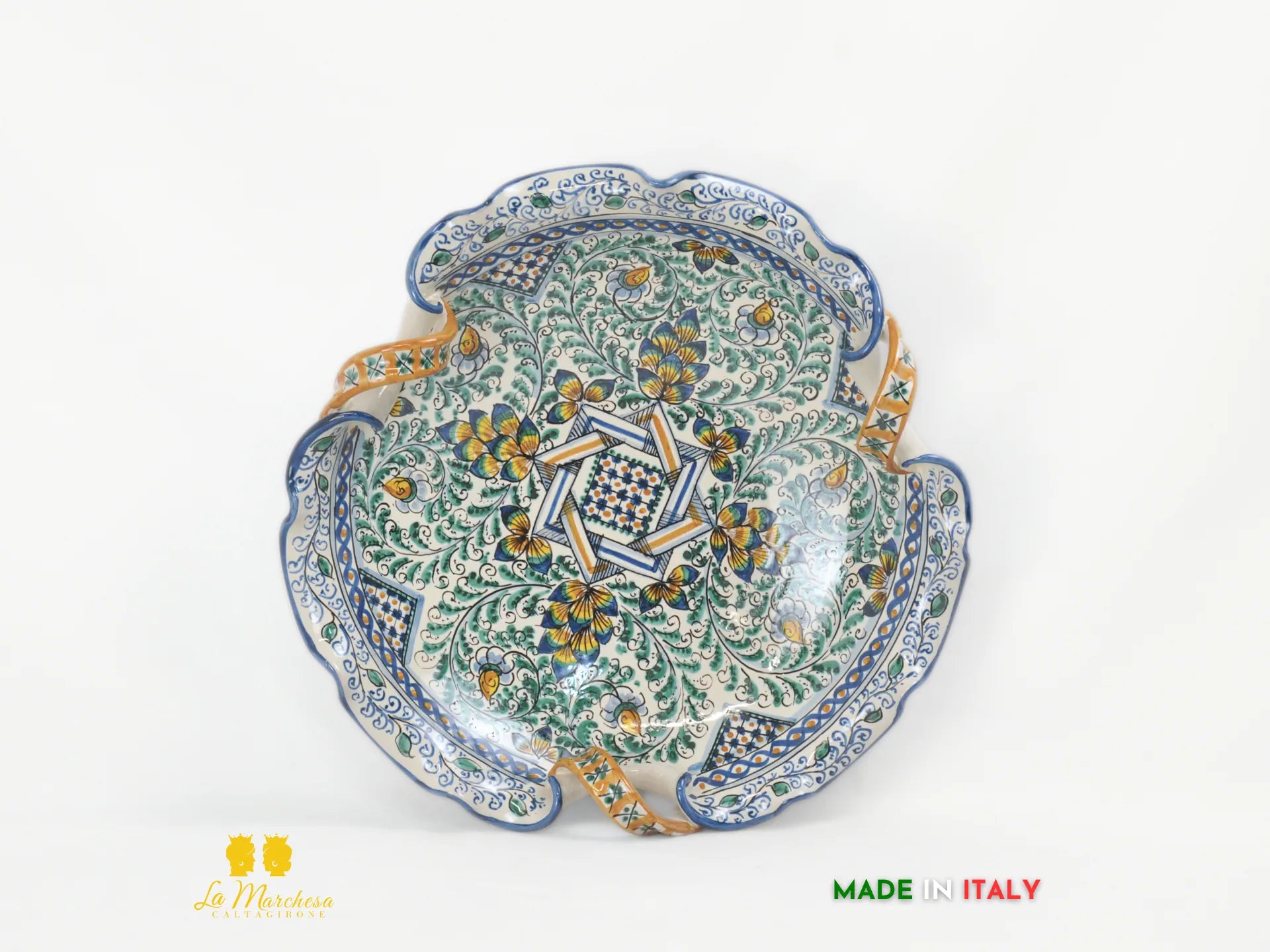 Centrotavola Ciotola in Ceramica di Caltagirone con manici pavoni decorati a mano - vari decori