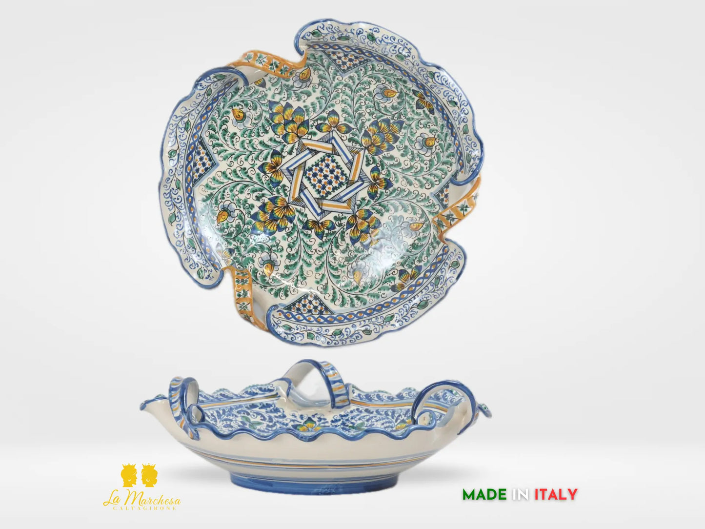 Centrotavola Ciotola in Ceramica di Caltagirone con manici pavoni decorati a mano - vari decori
