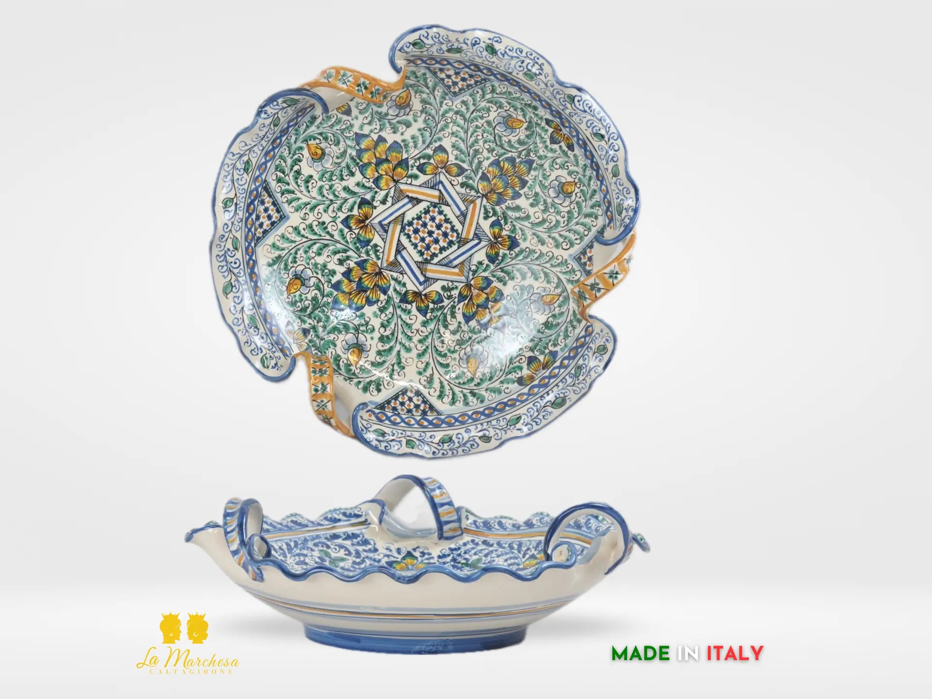 Centrotavola Ciotola in Ceramica di Caltagirone con manici pavoni decorati a mano - vari decori