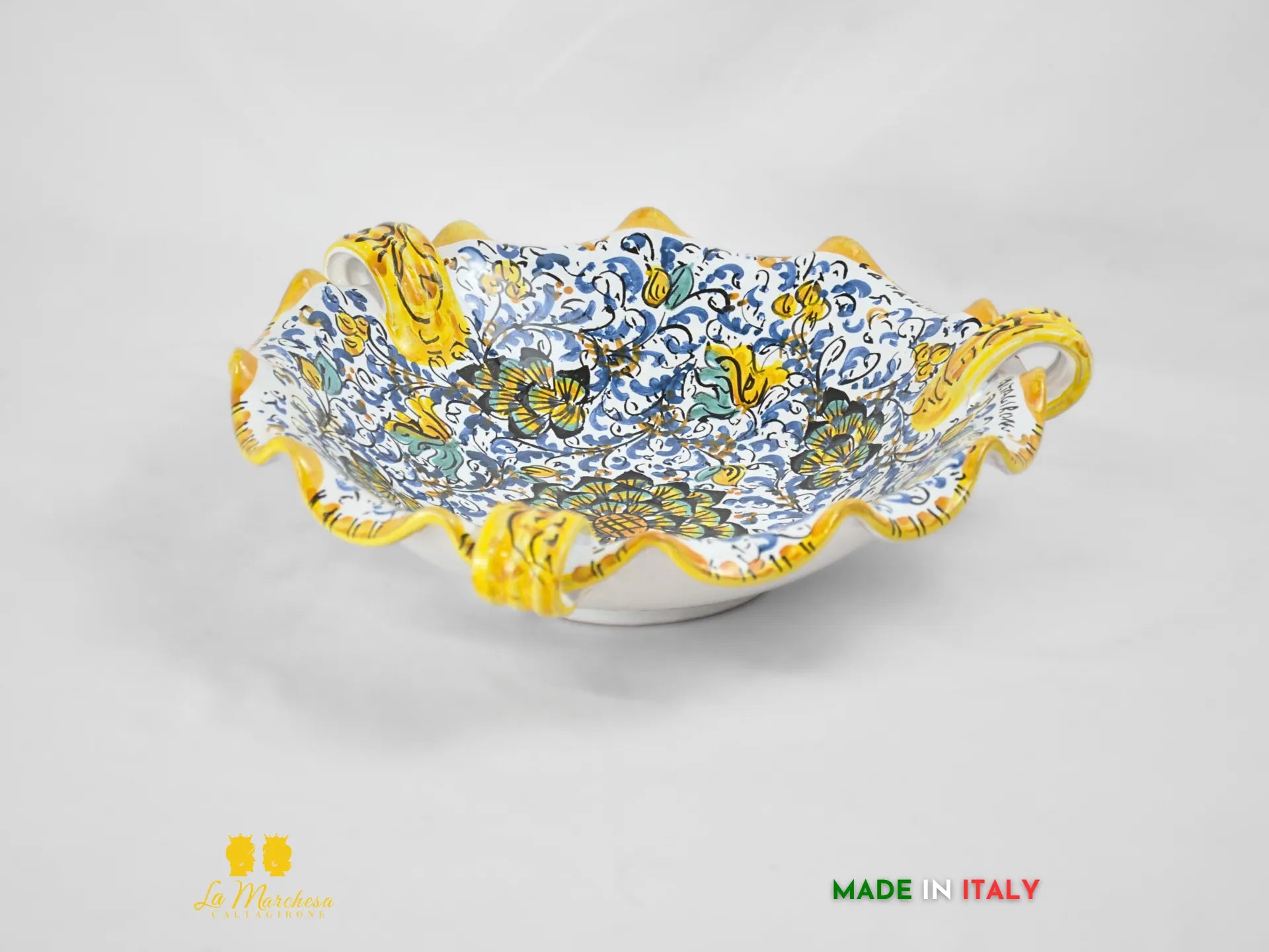 Centrotavola Ciotola in Ceramica di Caltagirone con manici pavoni 600 blu 31cm
