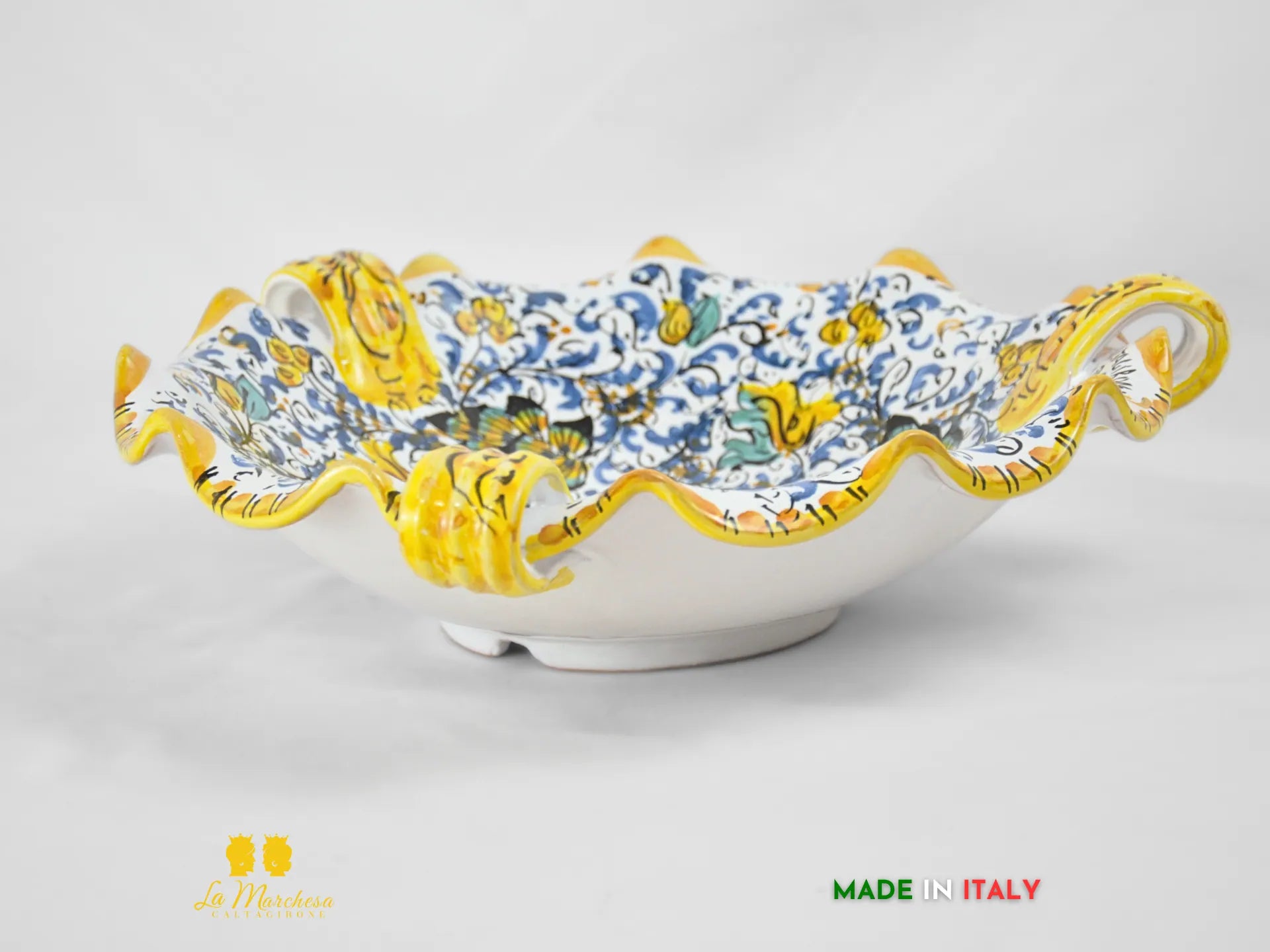 Centrotavola Ciotola in Ceramica di Caltagirone con manici pavoni 600 blu 31cm