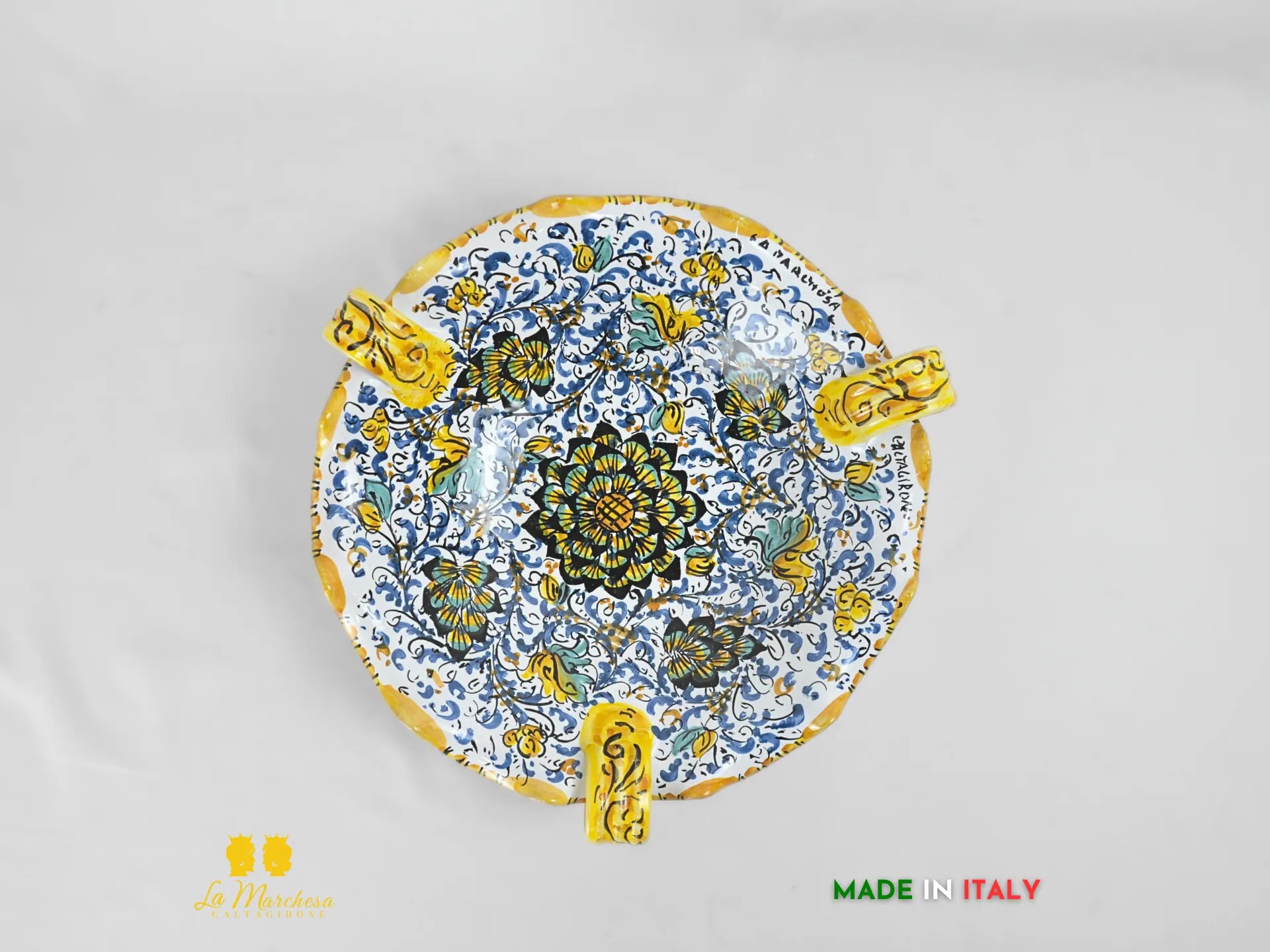 Centrotavola Ciotola in Ceramica di Caltagirone con manici pavoni 600 blu 31cm