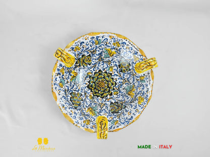 Centrotavola Ciotola in Ceramica di Caltagirone con manici pavoni 600 blu 31cm