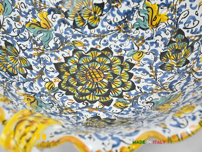 Centrotavola Ciotola in Ceramica di Caltagirone con manici pavoni 600 blu 31cm