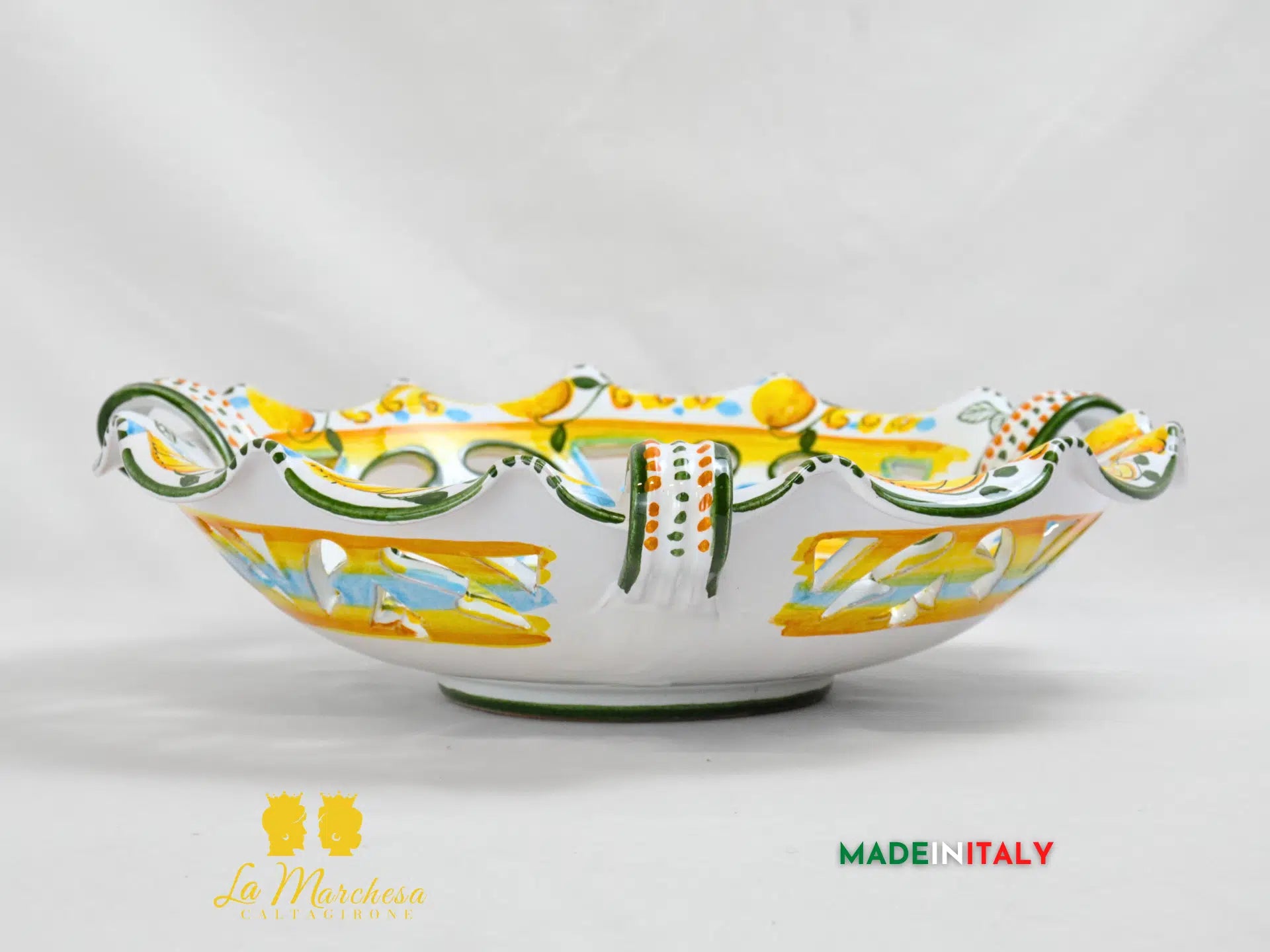 Centrotavola in Ceramica di Caltagirone con Manici Fichi D'India Intagli 40cm