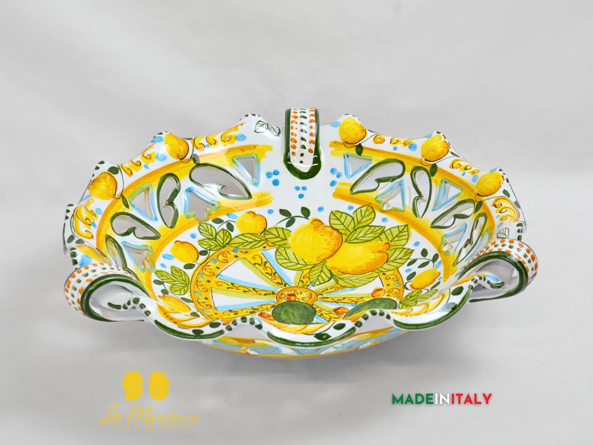 Centrotavola in Ceramica di Caltagirone con Manici Fichi D'India Intagli 40cm