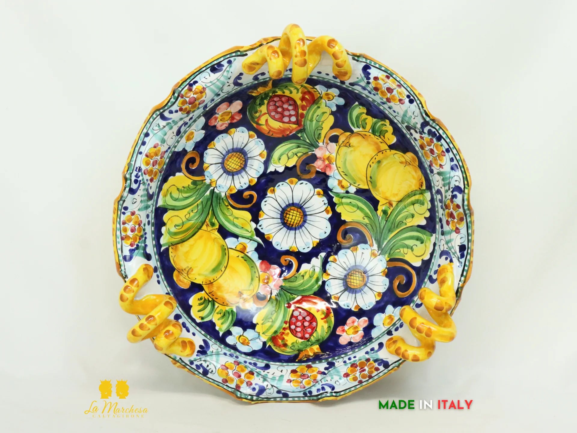 Centrotavola ciotola Ceramica di Caltagirone con manici Gialli Limoni 38cm