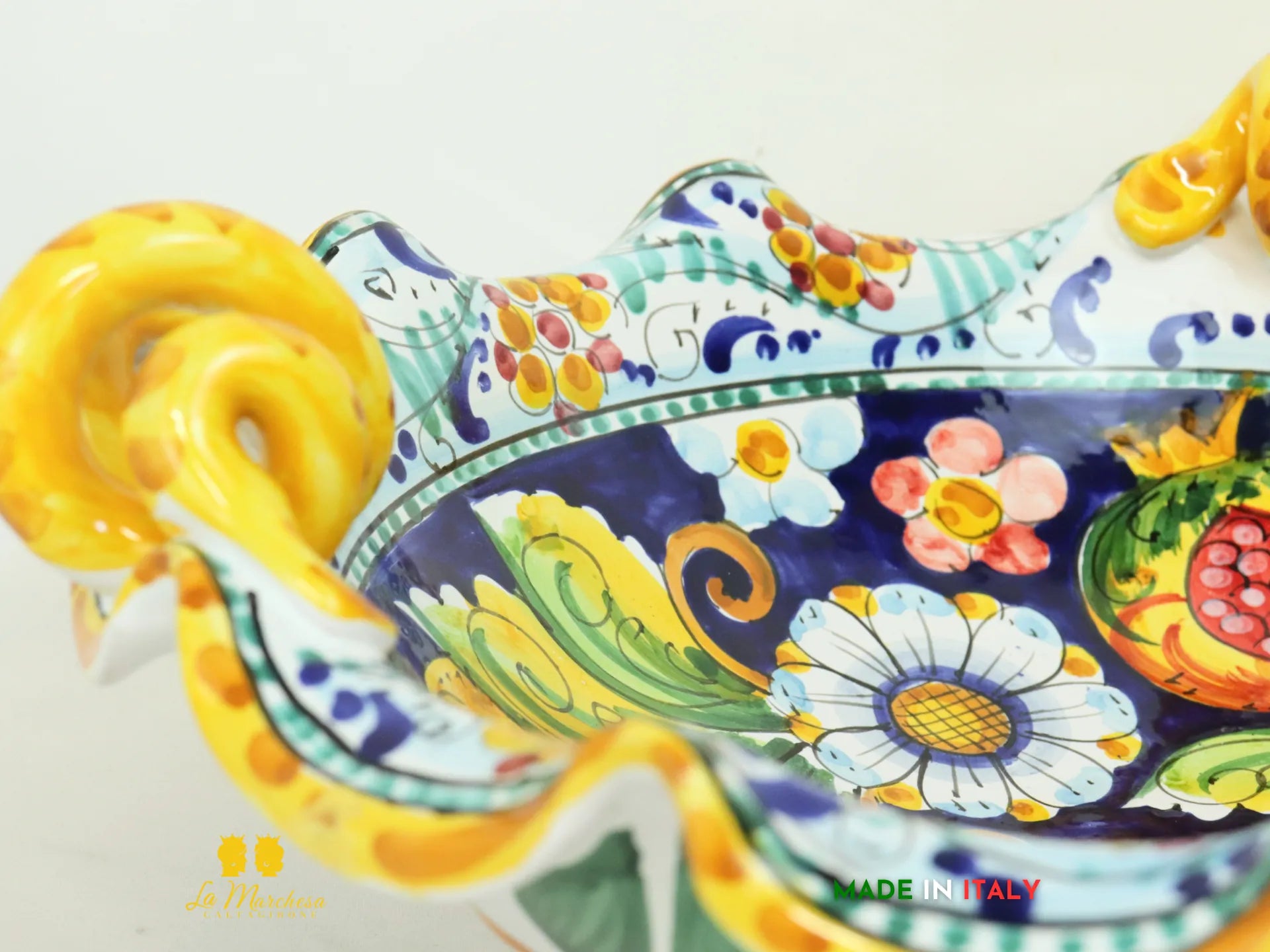Centrotavola ciotola Ceramica di Caltagirone con manici Gialli Limoni 38cm