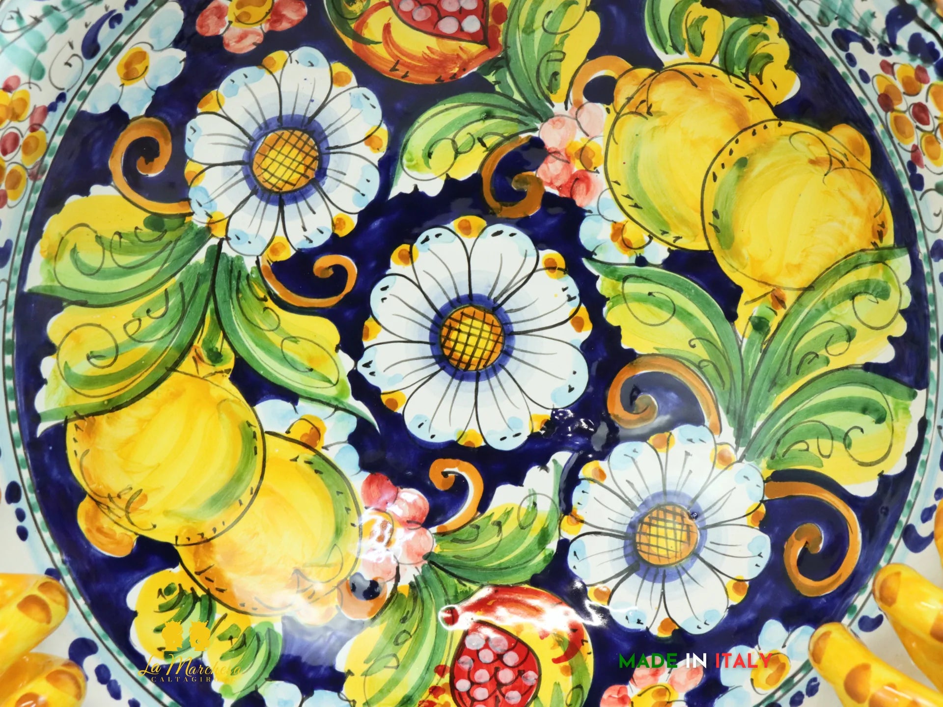 Centrotavola ciotola Ceramica di Caltagirone con manici Gialli Limoni 38cm