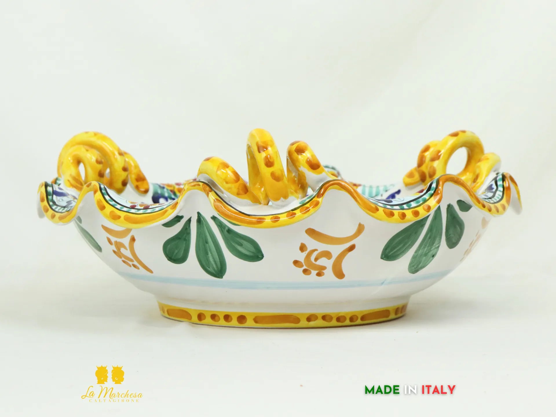 Centrotavola ciotola Ceramica di Caltagirone con manici Gialli Limoni 38cm