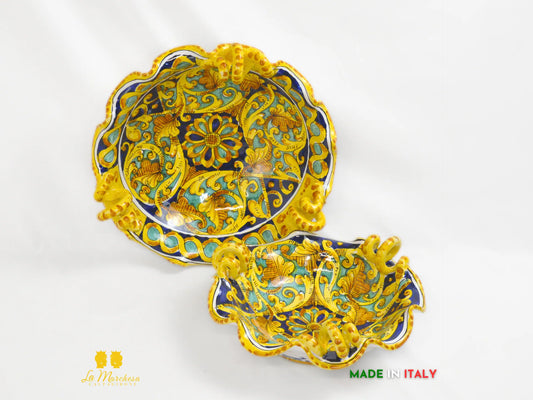 Centrotavola con Manici in Ceramica di Caltagirone Blu Ornato - Varie Misure